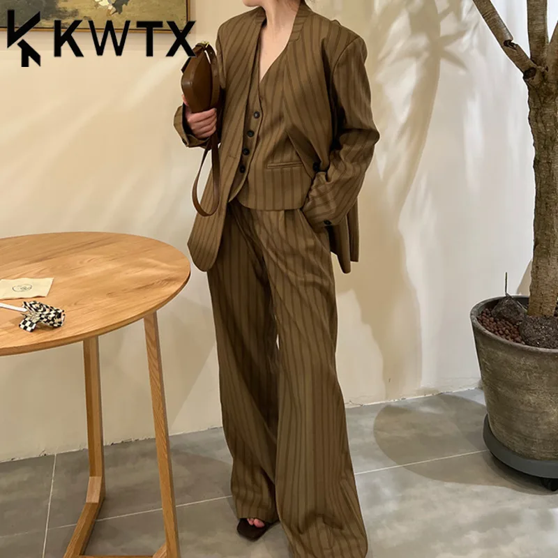 

KWTX Women's 3-Piece Suit Set Brown Stripe Blazer Vest Wide Leg Pants Retro Elegant Trendy SS25 Spring Summer Luxury Fashion