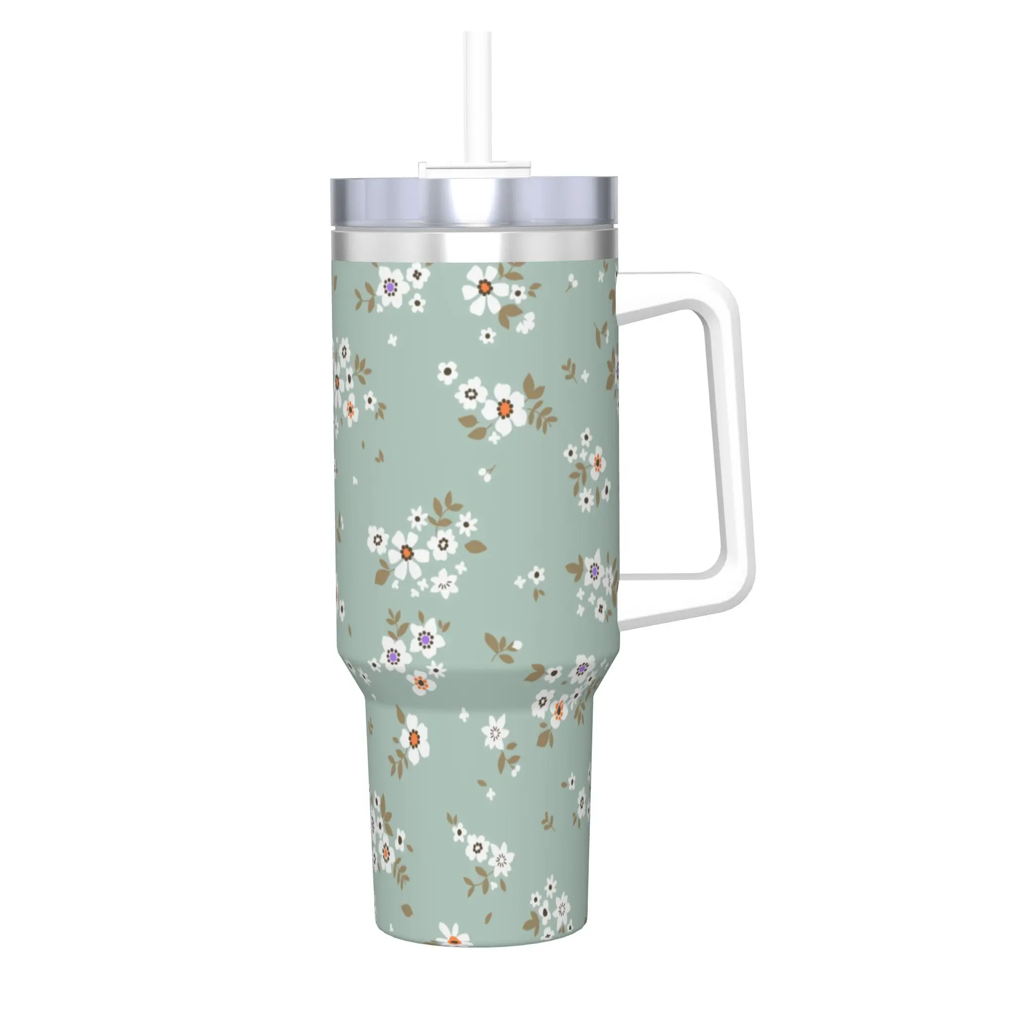 

Stainless Steel Tumbler Green Flower Floral Coffee Mug Insulated Cold Drink Mugs Cup Beach Water Bottle