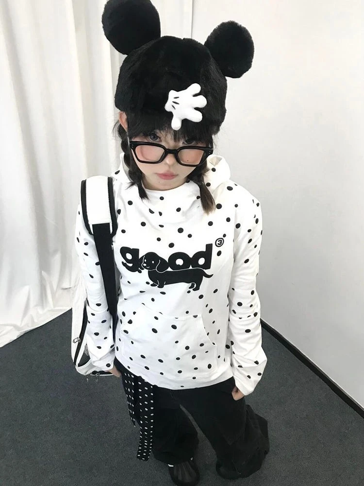American Cute Polka Dot Slim Hooded Sausage Puppy Print Elegant Sweatshirt Women Autumn New Y2k Design Casual Slim Tops 2025 New