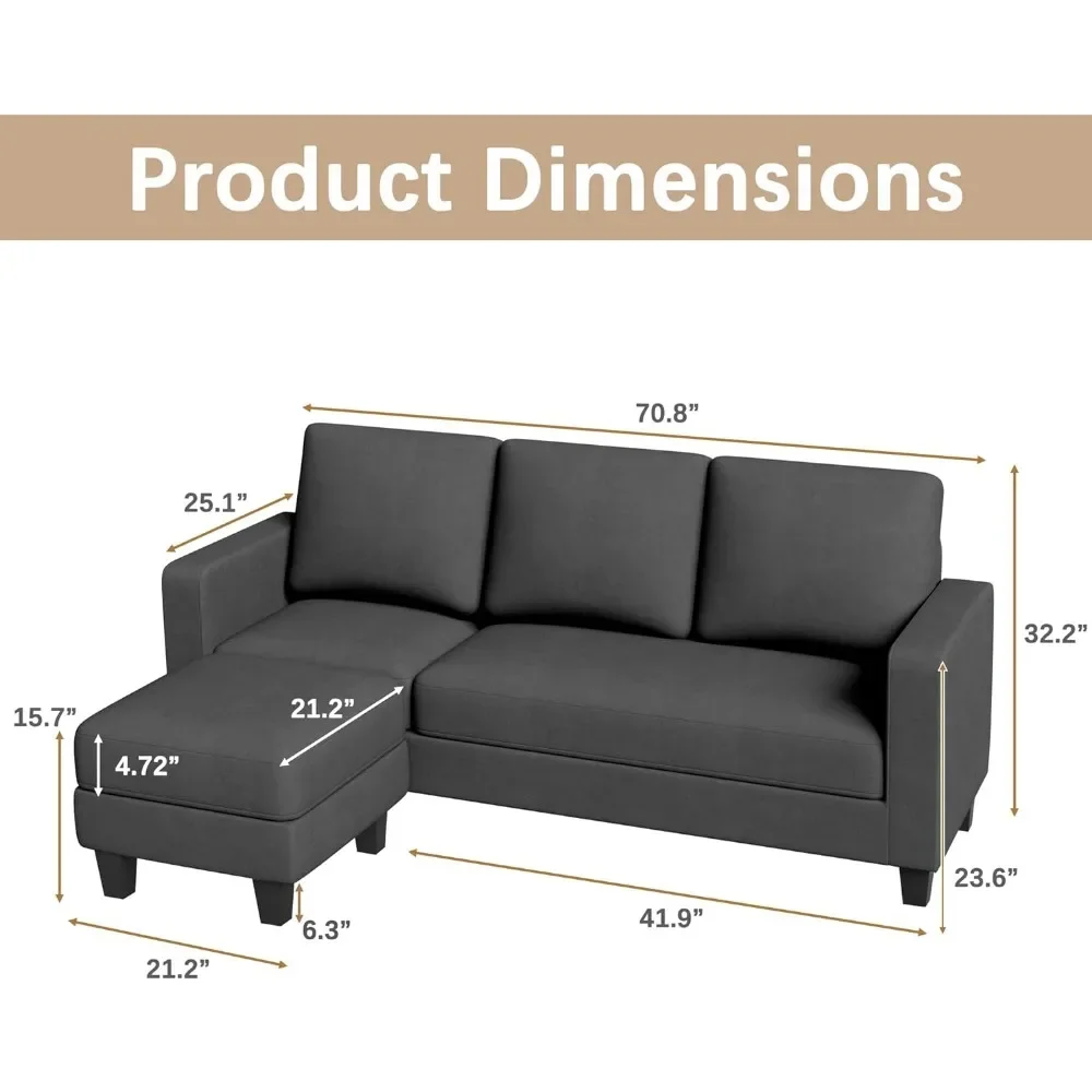 Convertible Sectional Sofa Couch, L Shaped 3-Seat Small Couch for Living Room with Ottoman Modern Fabric Chaise for Apartment