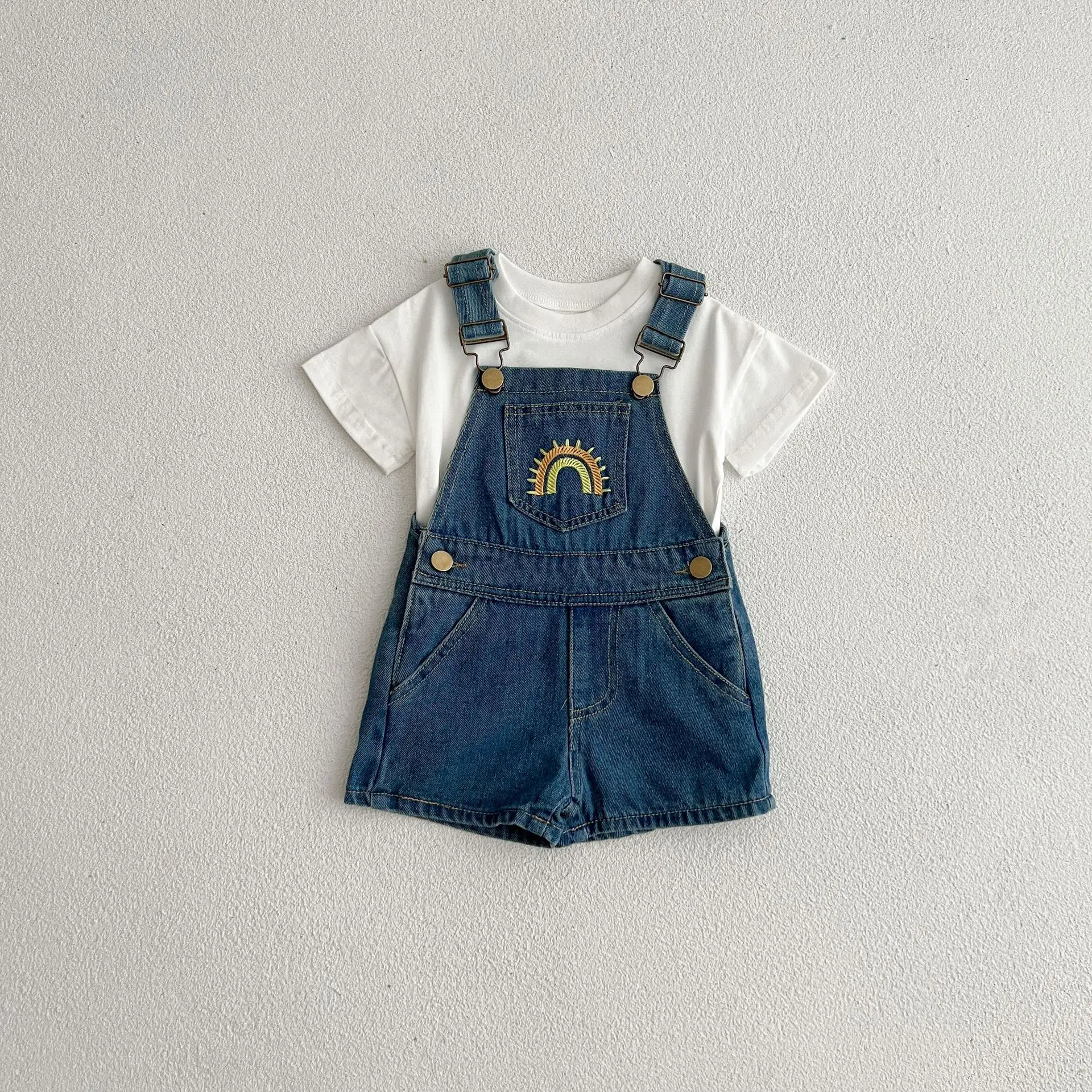 Sommer Baby Denim Overall Sticken Regenbogen Kleinkind Kind Junge Mädchen Tasche Lose Hosenträger Insgesamt Jeans Mode Overalls Kleidung – Detail 4