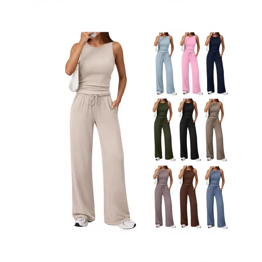 Women's Spring Summer Minimalist Solid Color T Shirt 2-Piece Matching Set High Waist Wide Leg Long Pants Casual Athletic Suit