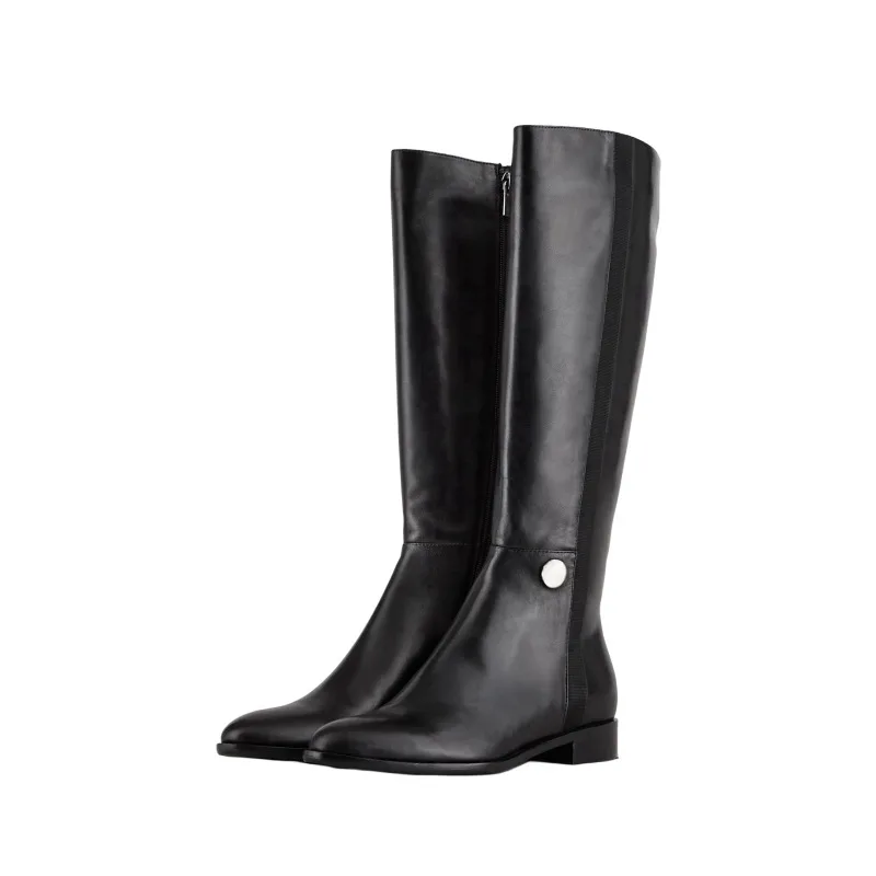 

Side Zipper Thick Heel Low Heel Knee-High Boots Round Toe Leather Paneled Knight Botines Comfortable Soft Sole Large Size Botas