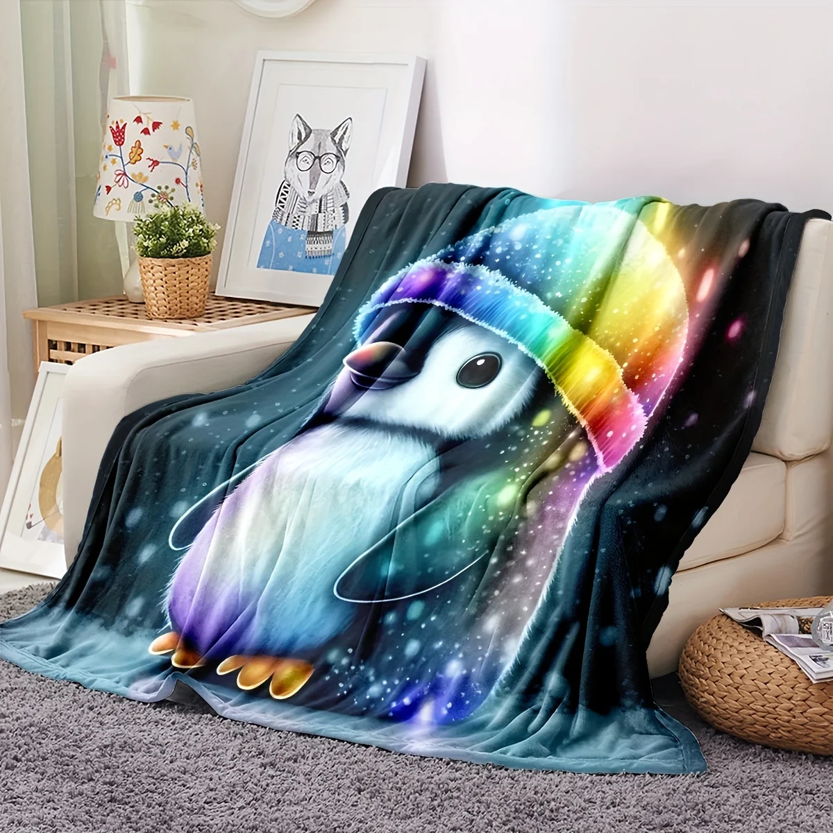 1pc Soft and Warm Cartoon Penguin Print Flannel Blanketfor Couch, Sofa, Office, Bed, Camping, and Traveling