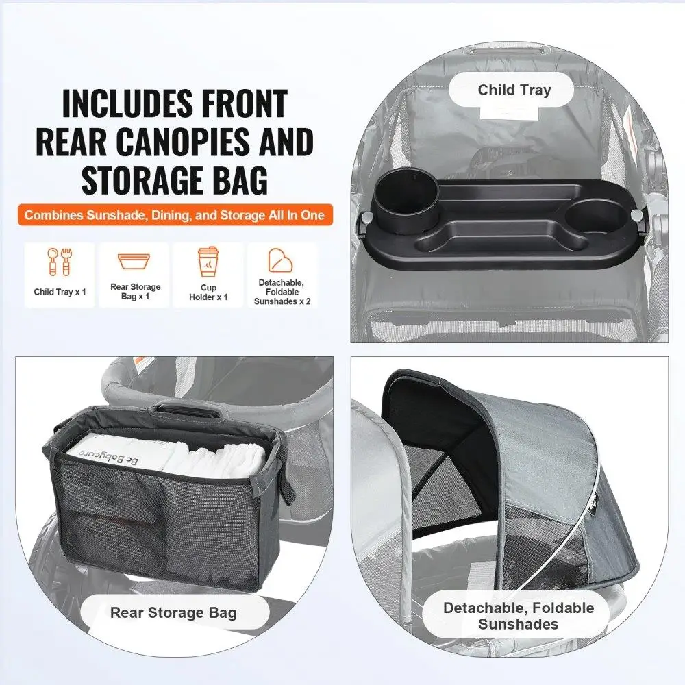 Foldable All Terrain Stroller Wagon for Two with Canopy Snack Tray and Parent Organizer Dark Grey Black
