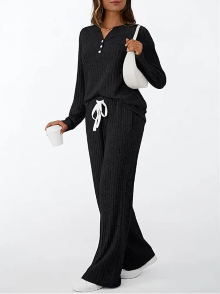 

Autumn And Winter New Fashion Knitted Pit Two-piece Suit Women's V-neck Long-sleeved Suit Women's Lace Family Clothing 2 Pieces