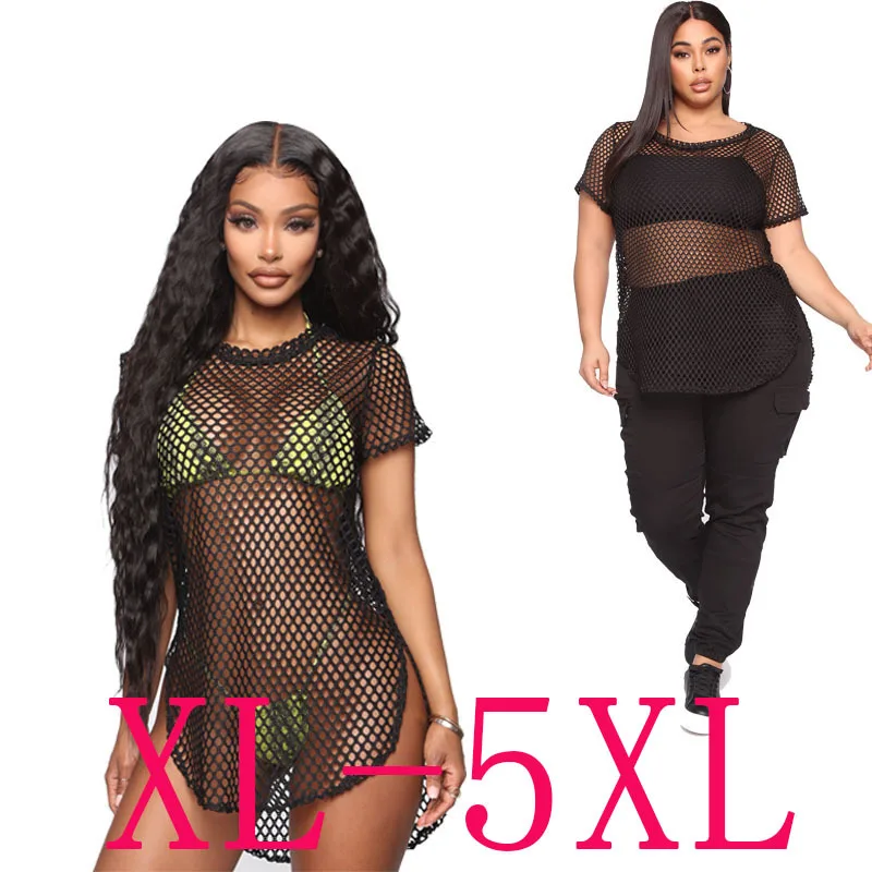 

Summer new large-size women's clothing, sexy mesh hollowed-out perspective loose cover dress, thin and slim temperament clothing