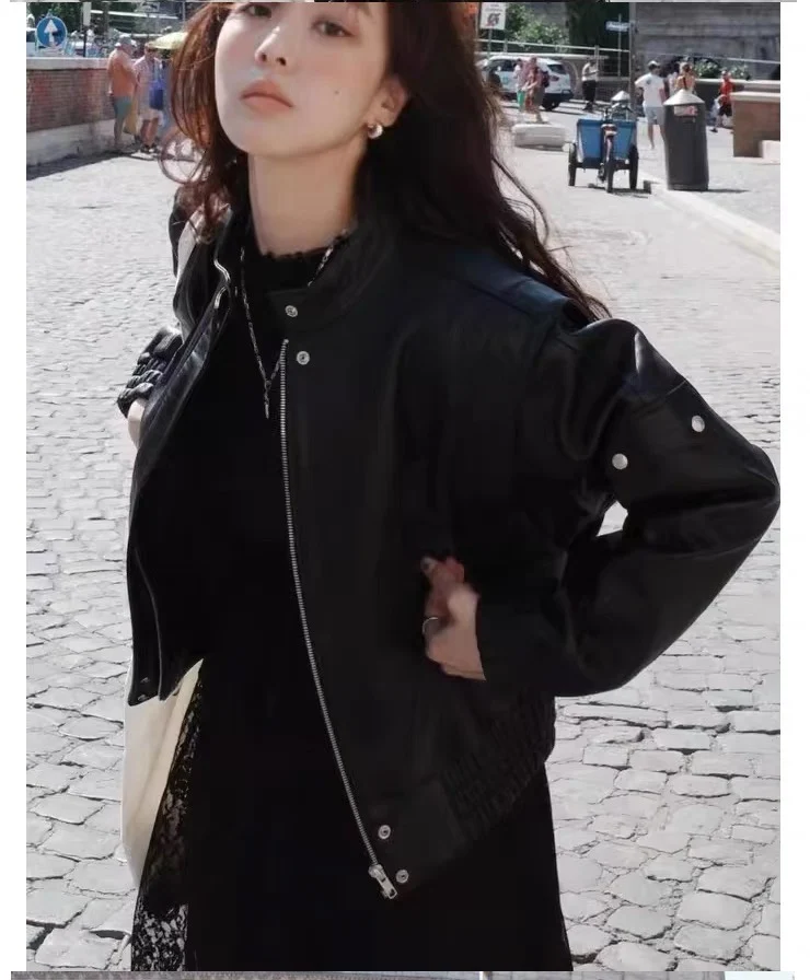 

Fletta Retro Stand Collar Biker Jaet Women's Faion Leather Coat Zipper Closure ort Sle Commute Wind for Autumn Winter