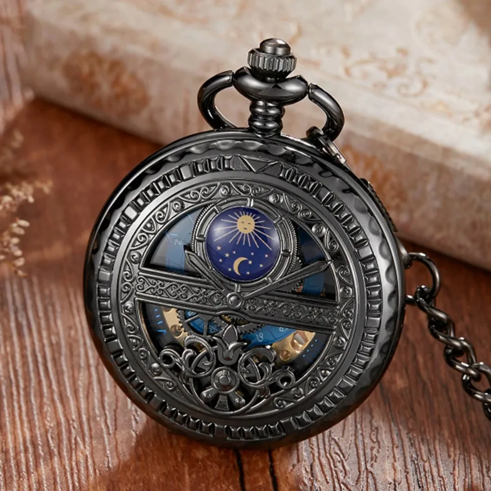 Classic Unisex Mechanical Hand Winding Pocket Watch Roman Number Skeleton Timepiece Fob Chain Collectable Clock