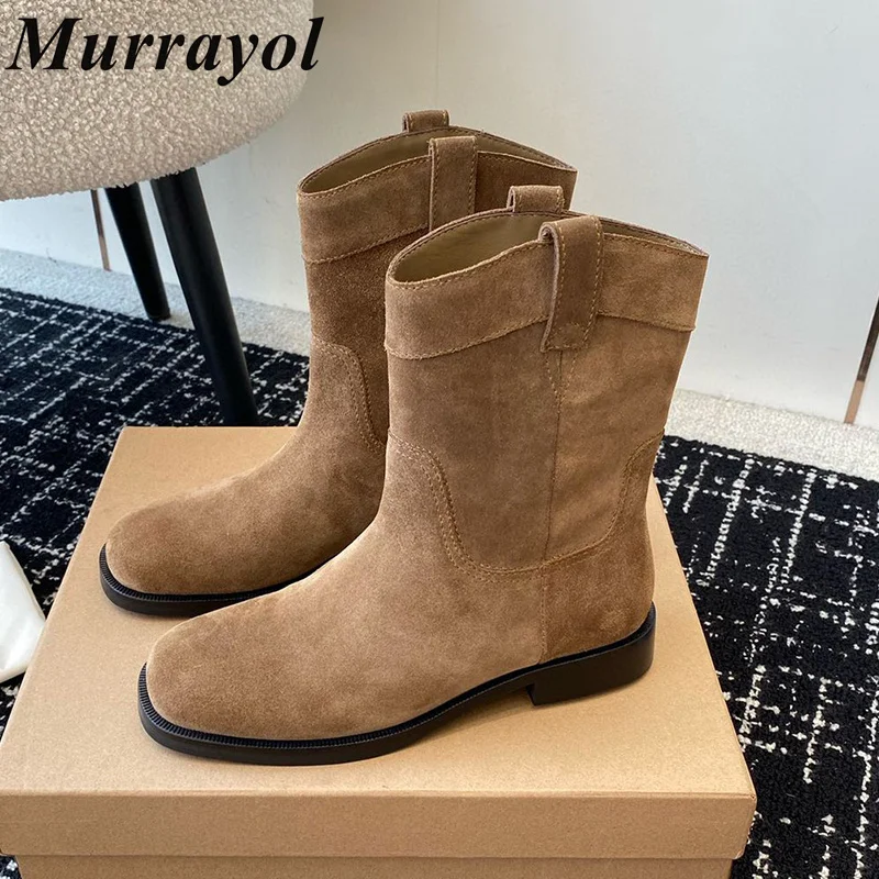 

Round Toe Solid Color Thick Heels Short Boots Women's Cow Suede Versatile Mid Calf Boots Spring Autumn Retro Chelsea Boots