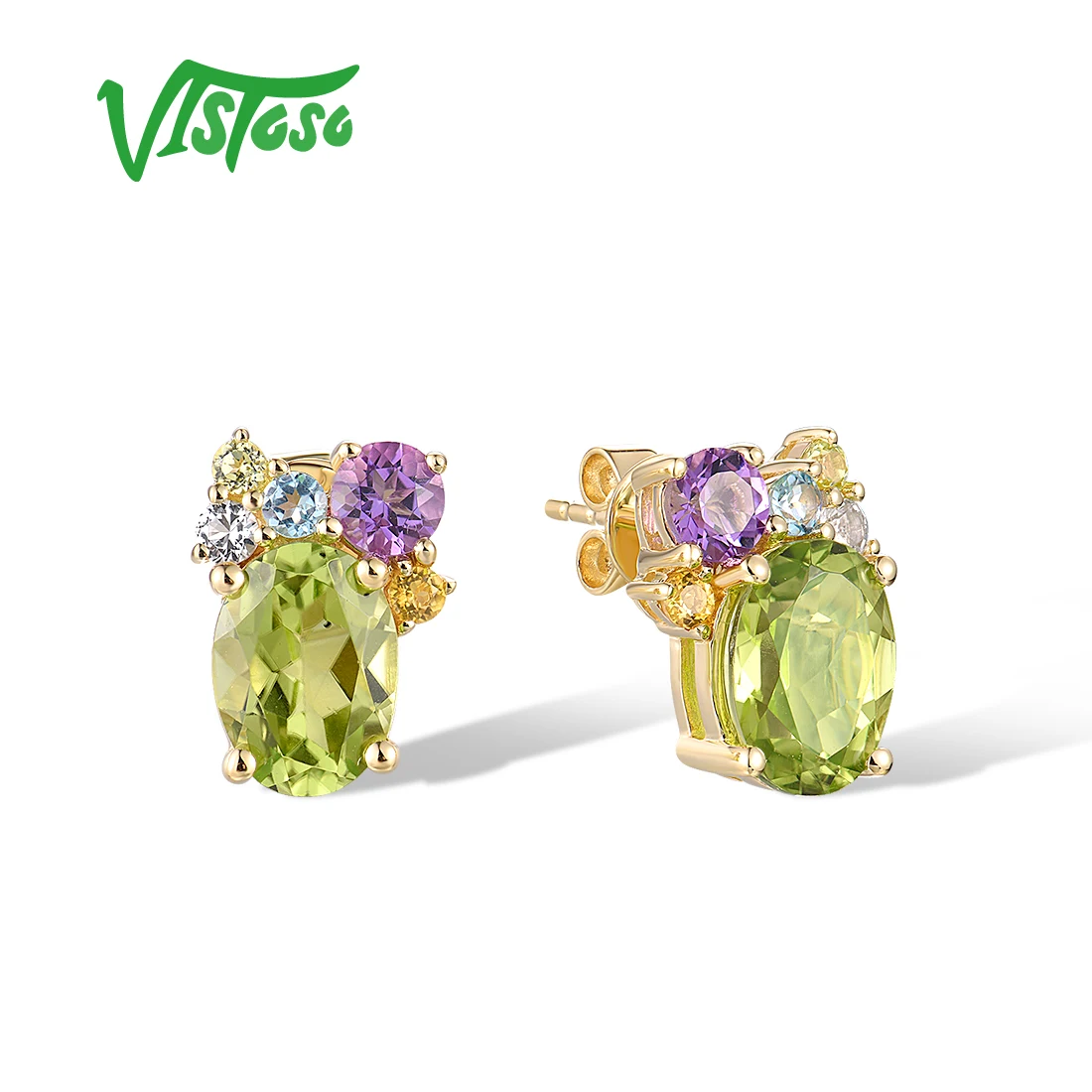 VISTOSO Pure 14 K 585 Gouden Oorbellen Voor Vrouwen Fonkelende Peridot Granaat Kleurrijke Edelstenen Bruiloft Mooie Geschenken Fijne Sieraden