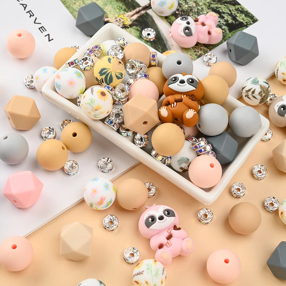 

27Pcs Pacifier Chain Animal Printed Round Silicone Beads Set for DIY Dummy Holder Accessories Focus Spacer Beads