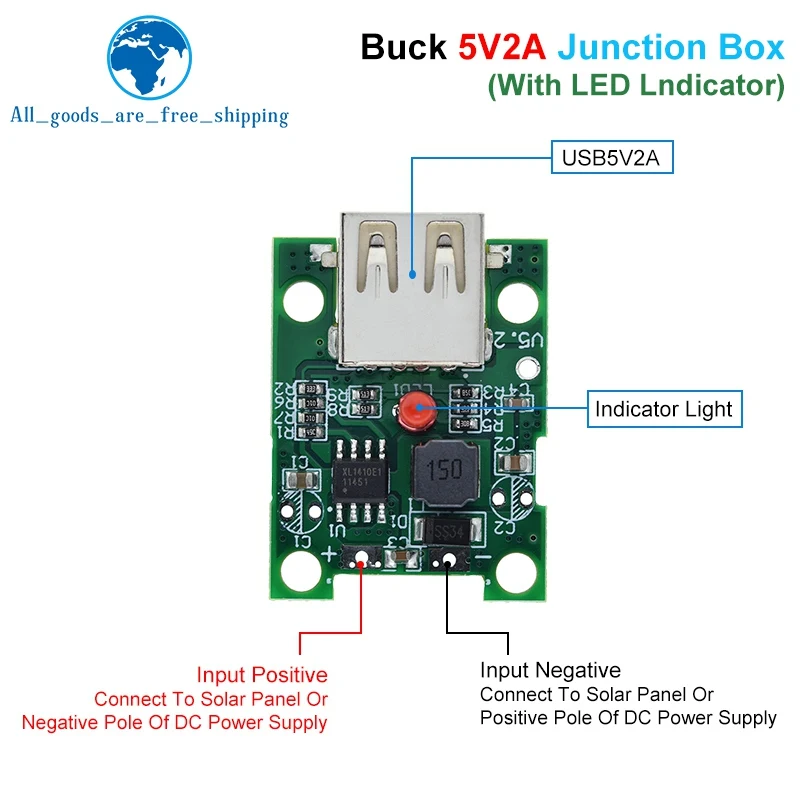 TZT 5V 2A Solar Panel Power Bank USB Charge Voltage Controller Regulator 6-20V To 5V Step Down Module With LED Indicator