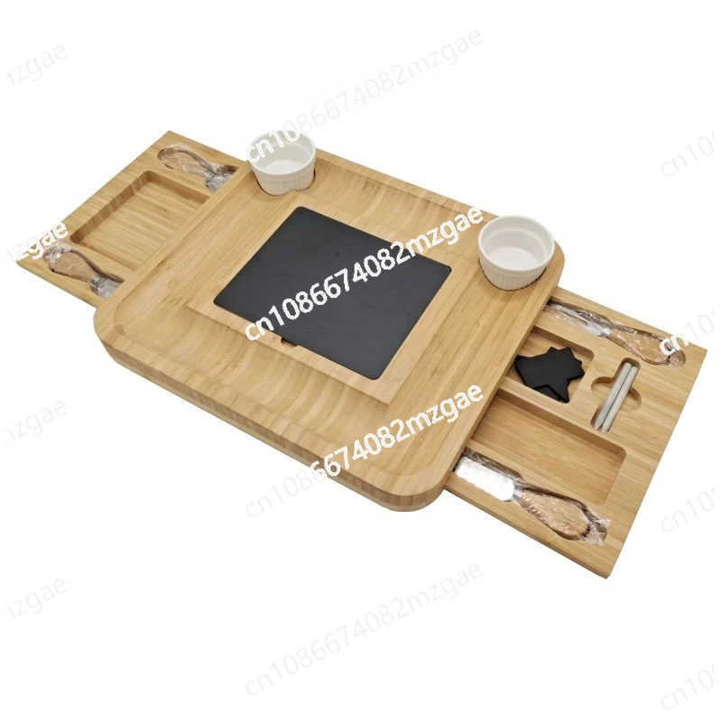 

Pizza tray Western bamboo cutting board with slate knife and fork Bamboo pizza tray combination set
