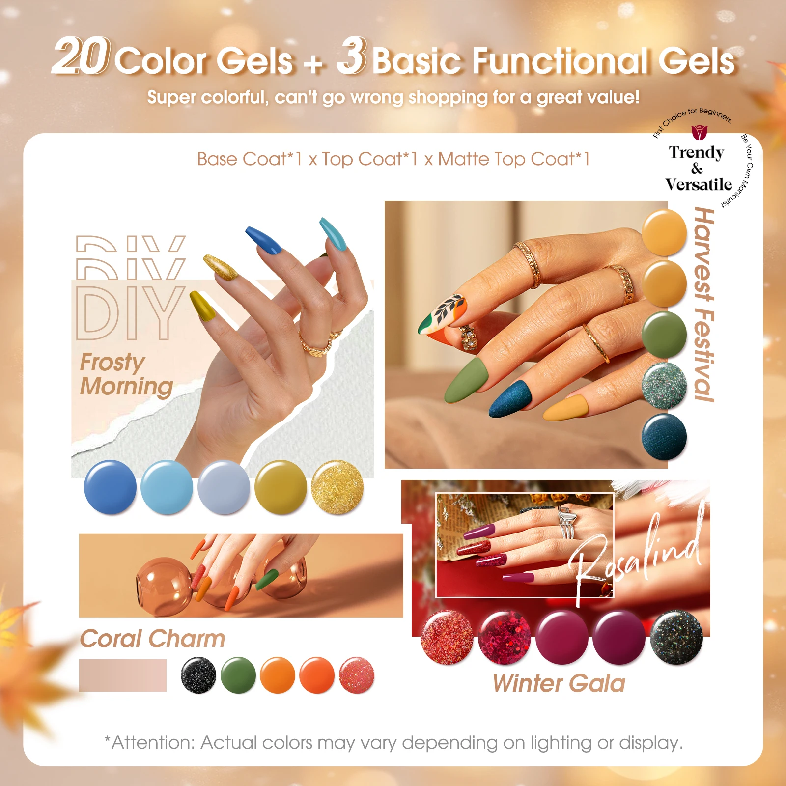 Rosalind 23PCS gel nail polish set gel luster & matte top and bottom coating gel polish set with uv light LED nail lamp