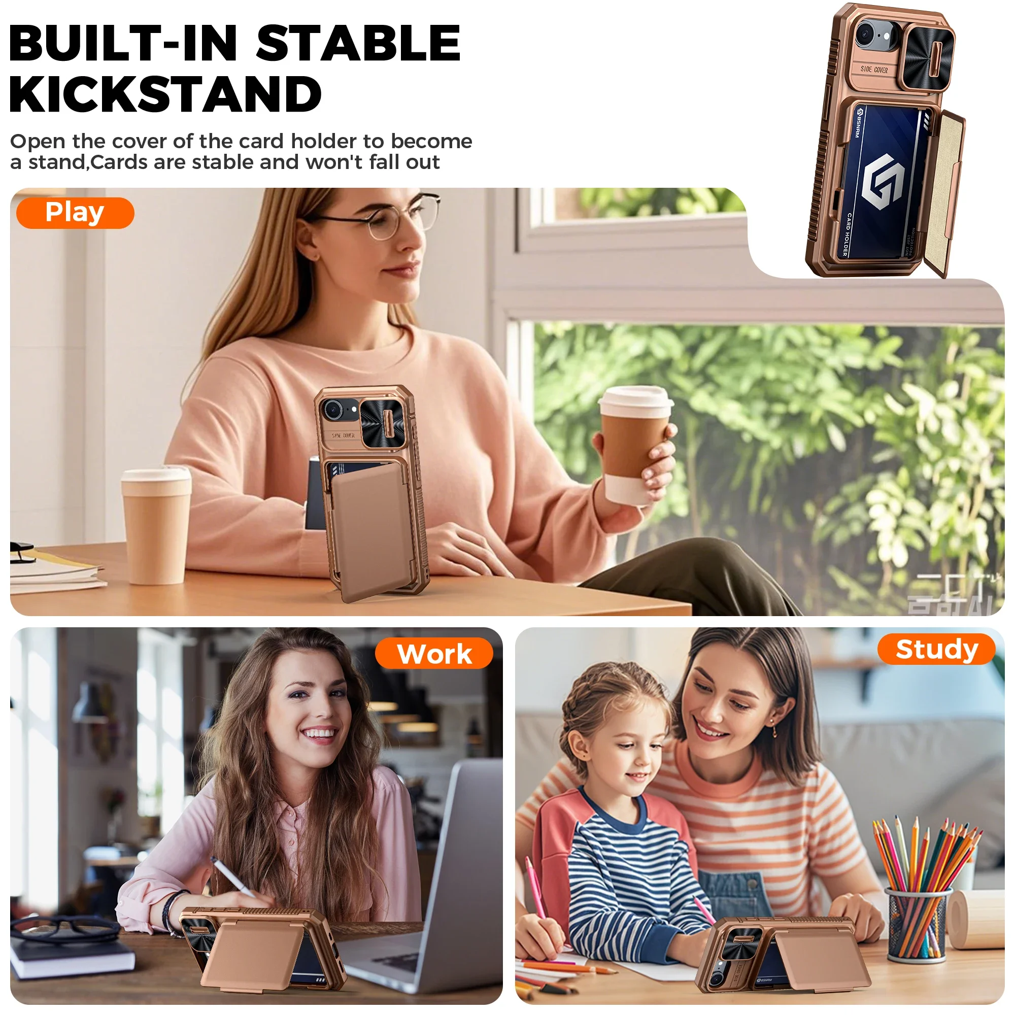 هدايا الهالوين، حامل بطاقات محفظة RFID، غطاء كاميرا، جراب هاتف واقٍ متين مقاوم للصدمات لهاتف iPhone 16 E-Gold