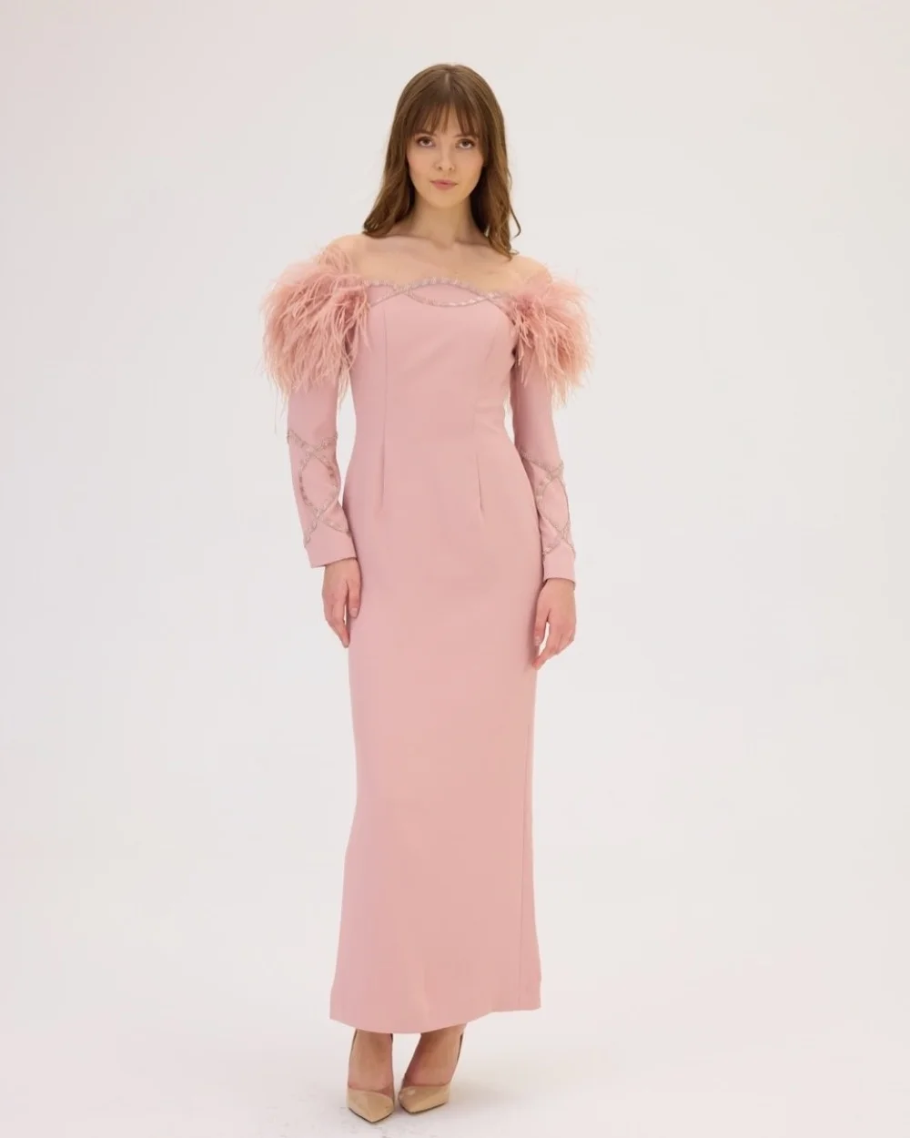 

Customized Pink Fashion Pastrol Jersey Feather Beading Sequined Column Off-the-shoulder Ankle Length Evening Dresses Classic