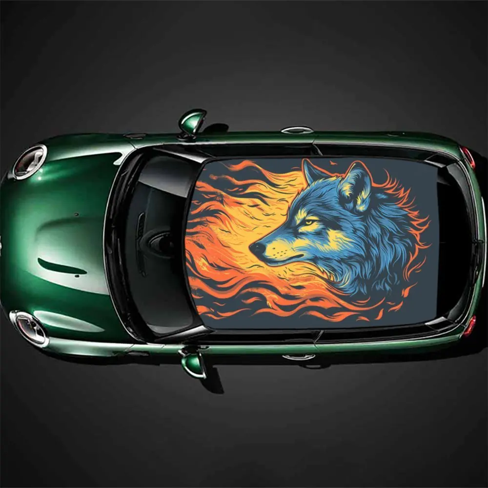 

Дух пылающего волка: оранжево-синий переплетенный дикий газовый графический автомобильный виниловый обертывание, виниловая графика на крышу автомобиля, виниловые наклейки на крышу co