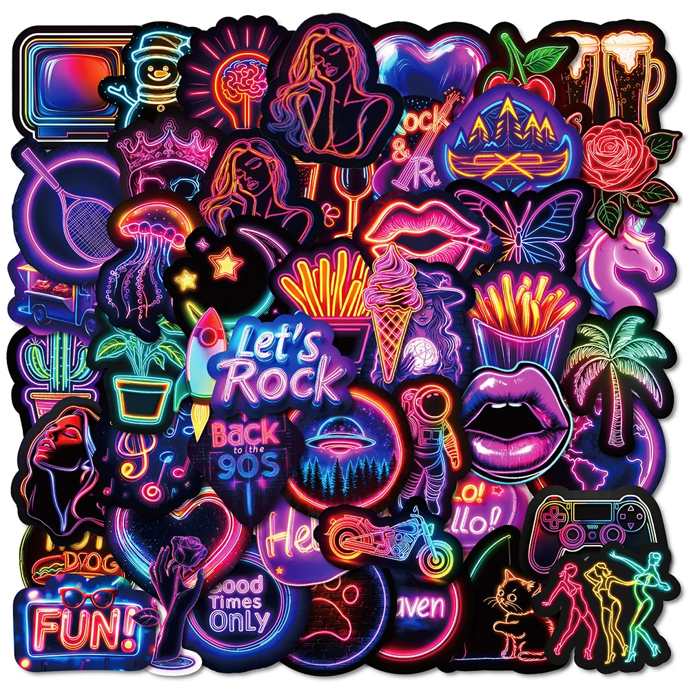 10/30/50pcs Cool Neon Light Cartoon Stickers Aesthetic Decals DIY Guitar Notebook Skateboard Funny Waterproof Graffiti Sticker