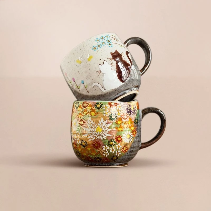 Coffee cup Kutsuyaki, golden flower sea mug, New Year's gift ceramic, couple tea cup
