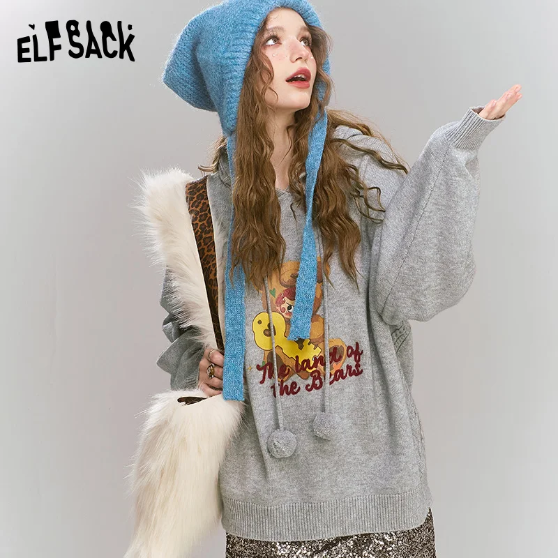 ELFSACK 2024 Winter New Arrivals Grey bear hooded sweater for women, Versatile soft top