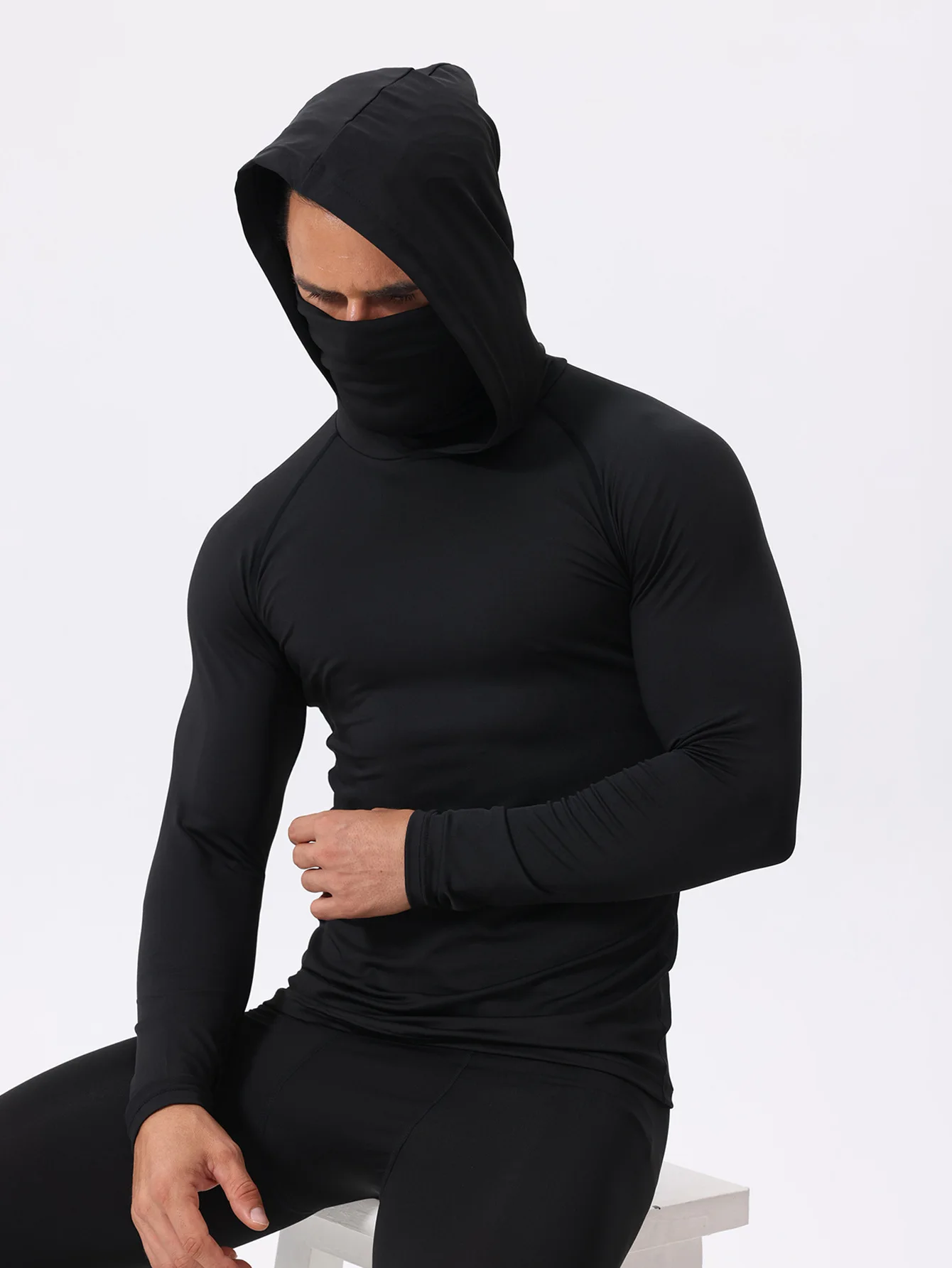 Herren Fitness Gym Shirts Kompressions-Sport-T-Shirt mit Kapuze Lauf-T-Shirts mit Maske Langarm Bodybuilding-Oberteile Herren Sportbekleidung – Detail 4