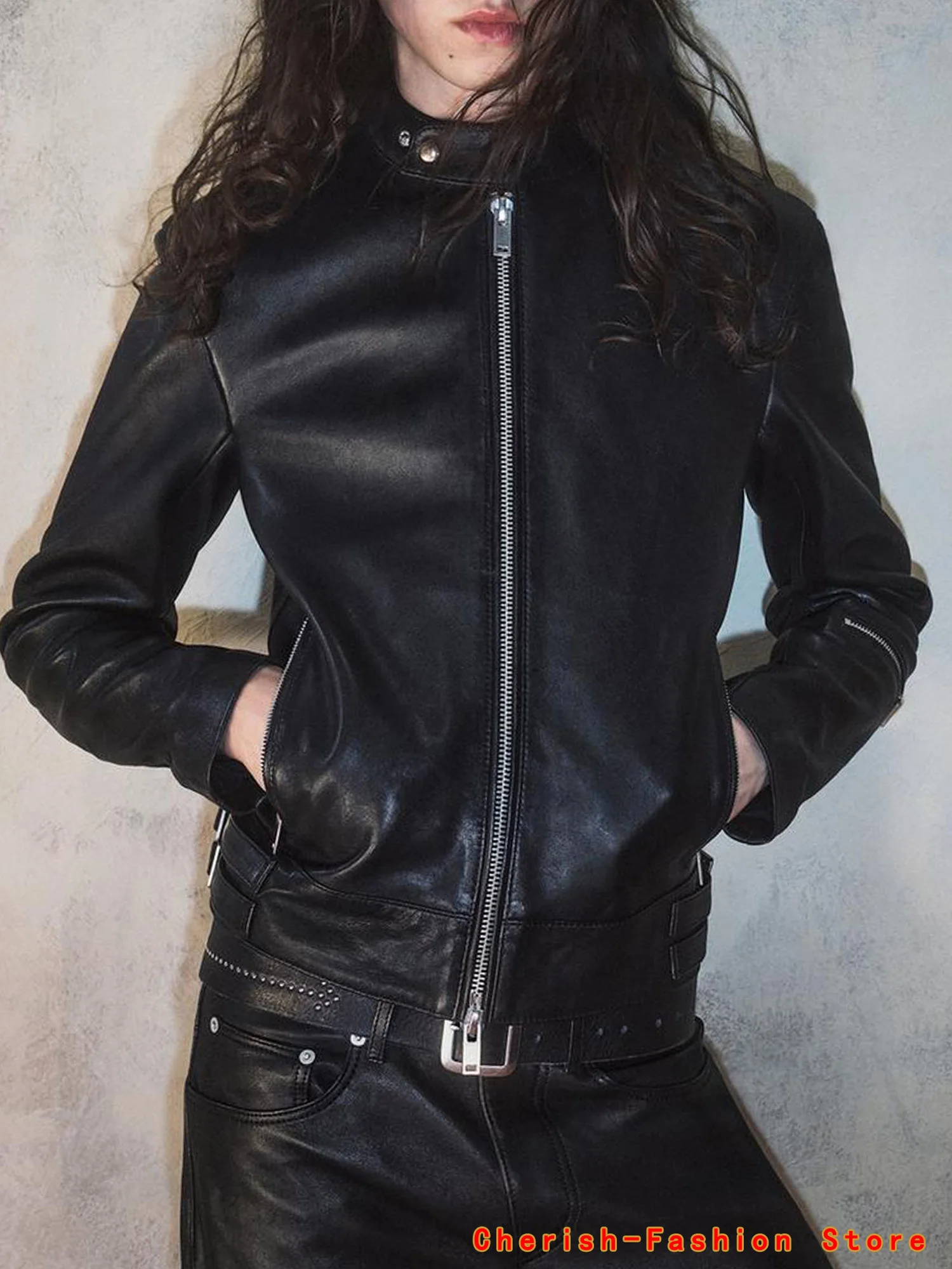 

Women Vintage Matte Leather Coats Ladies Black PU Long Sleeve Zip Jacket Top Double Zip Pocket Chic Crop Overcoats Clubwear New