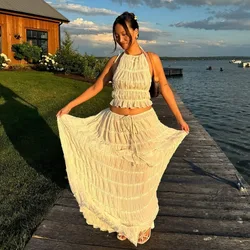 Talenza Lace Neck Strap Long Skirt Set 2-piece Women's Sexy Backless Folded Vest Long Skirt Set Loose Vacation Women's Skirt Set