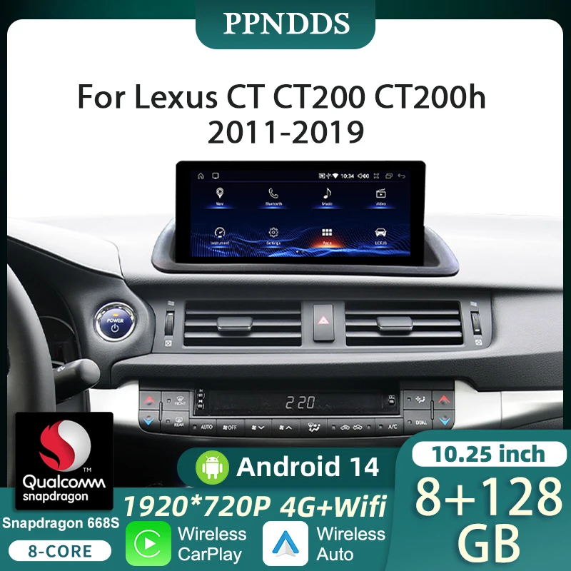 10.25“Android 14 Car Head Unit For Lexus CT200 CT200H 2011-2019 Wireless Carplay Android Auto GPS Navigation Split Screen
