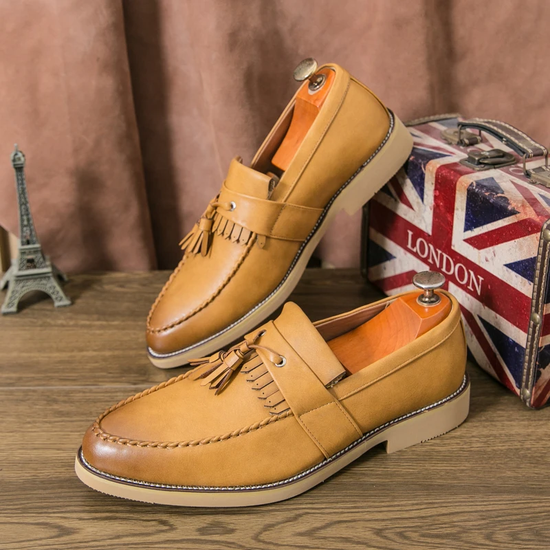 

Men's Artificial Leather Shoes British Style Tassel Yellow Leather Dress Party Loafers Casual Driving Flat Shoes Big Size：38-47