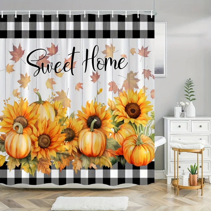 Autumn Harvest Bath Shower Curtain: Thanksgiving Decor, Rustic Farmhouse, Black and White Checkered Design, Fall Leaves Pattern,