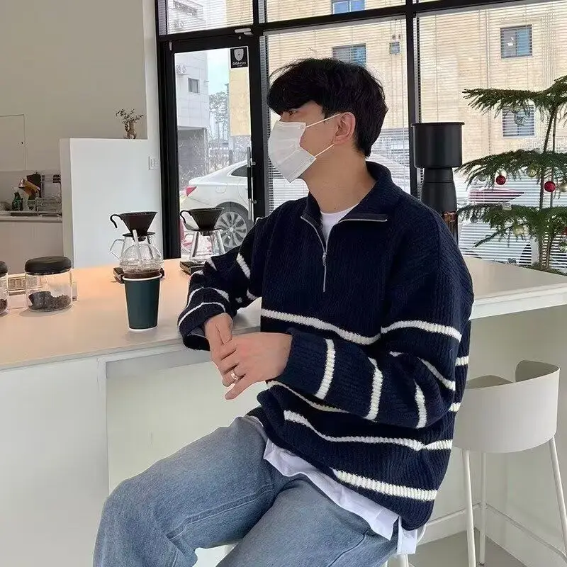 

Thiened f полосатый свитер на молнии, мужской свитер с воротником-стойкой, осень-зима, ленивый свободный вязаный свитер в американском стиле ретро Sle Long Sve