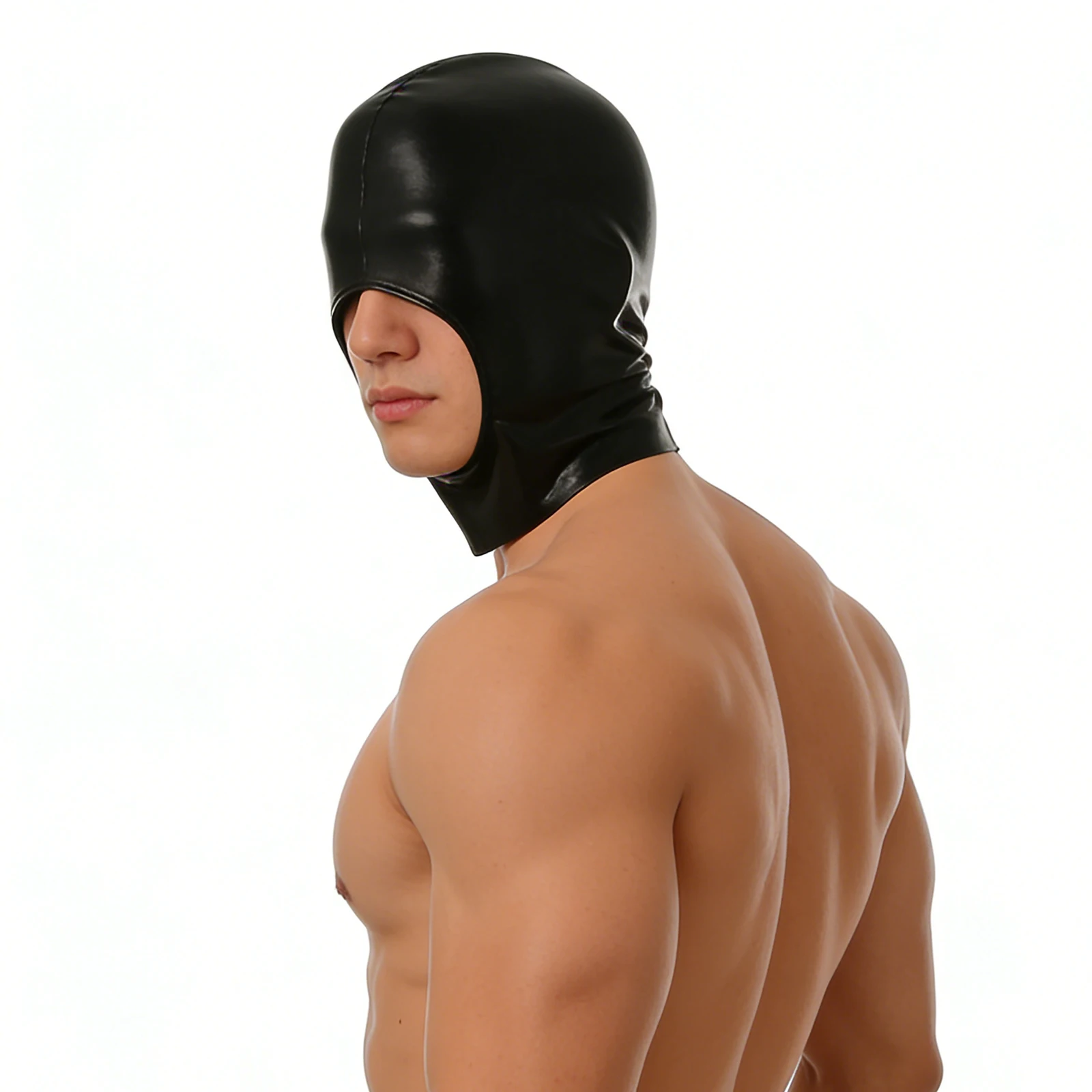 Faux Leather Head Cover Hood Face Mask Men  Cap Gothic Blindfold Open Mouth Wet-look Cosplay Role Play Halloween Club Wear