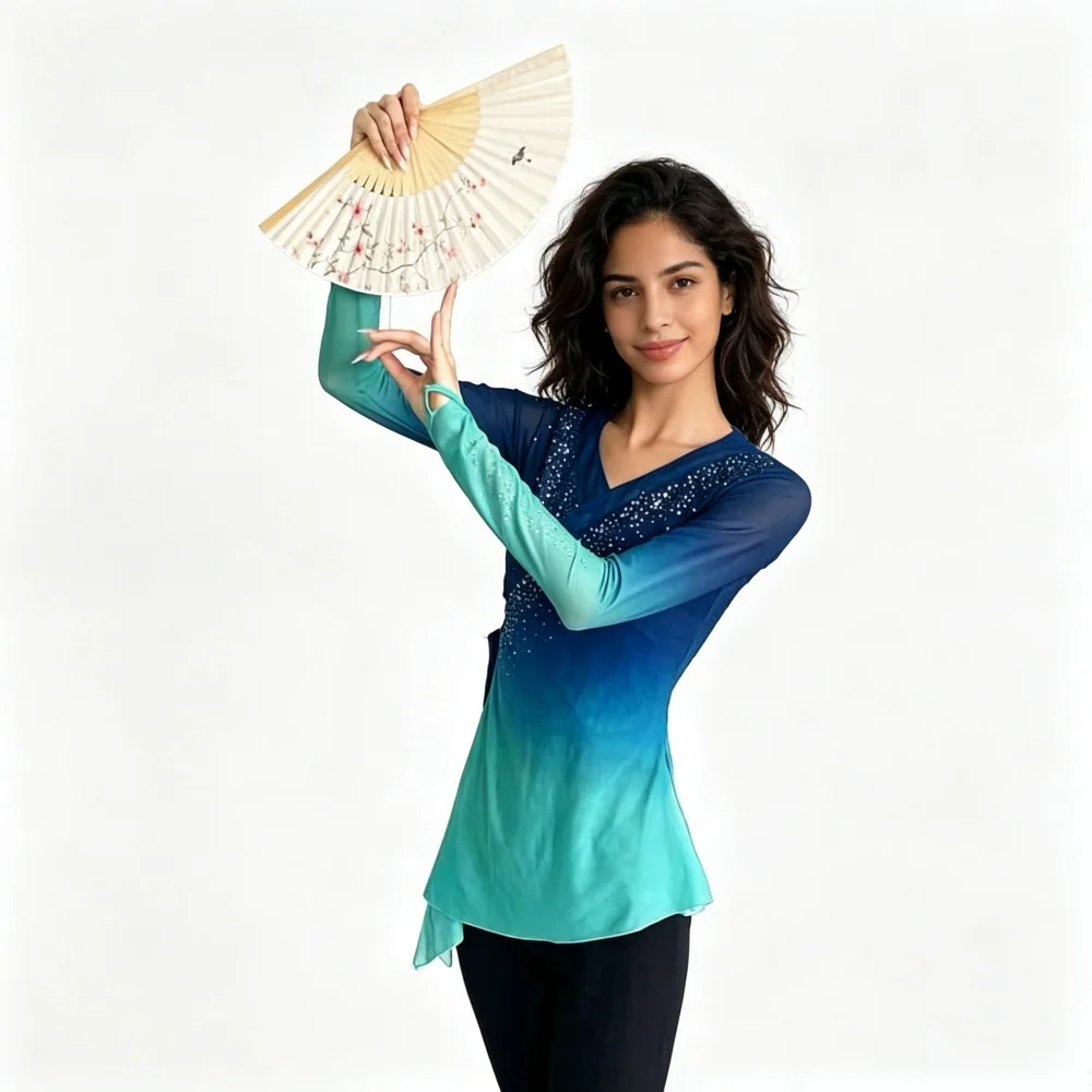 Women Gradient Rhinestone Mesh Dance Top Long Sleeve Chinese Classical Dance Practice Shirt Irregular Hem Performance Costume