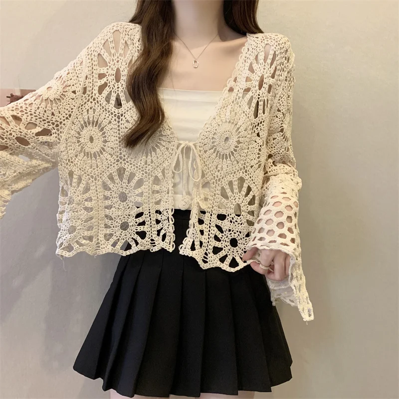 Kimotimo Hook Flower Hollow Flare Sleeve Knitted Tops Women Summer Holiday Style V Neck Lace Up Loose Cardigan Casual All Match