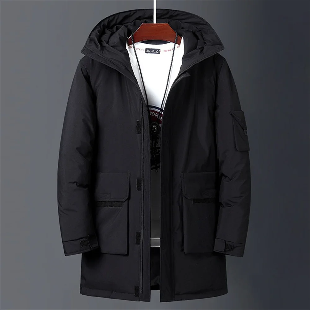 Chaqueta Parka larga con capucha para hombre de negocios Otoño Invierno chaquetas acolchadas de plumón de pato blanco de longitud media para hombre abrigo acolchado grueso y cálido de marca