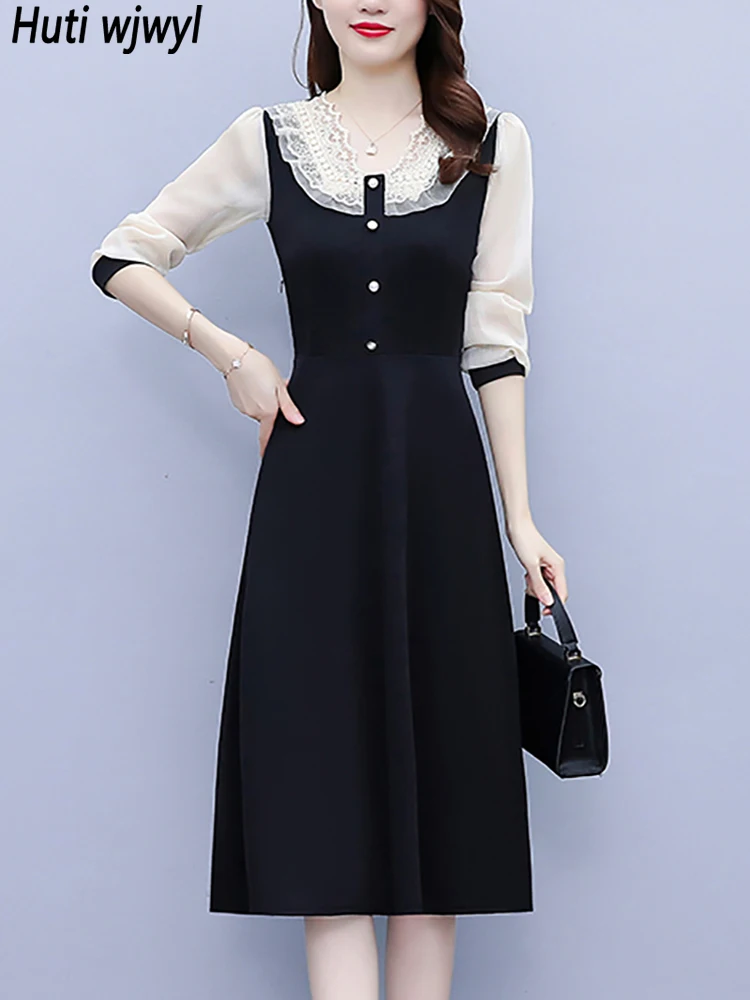 

Элегантное Сетчатое платье-миди Patchowrk для женщин, Осень-зима, Элегантное повседневное платье для выпускного вечера, винтажное черное платье в стиле Хепберн, 2024