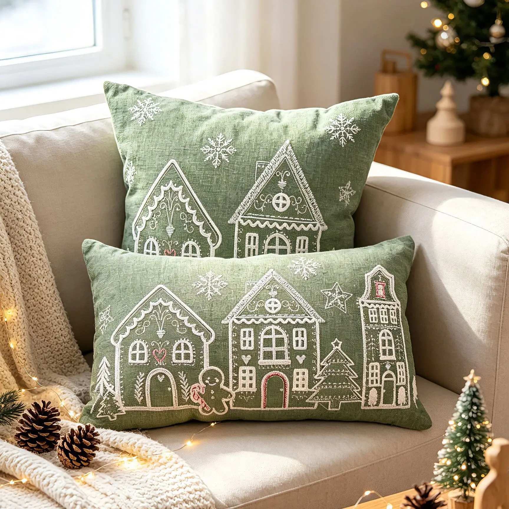 Weihnachtlicher grüner Kissenbezug aus Chenille mit gestickten Schneeflocken, Dekokissenbezug für Zuhause, Sofa-Kissenbezüge – Detail 4