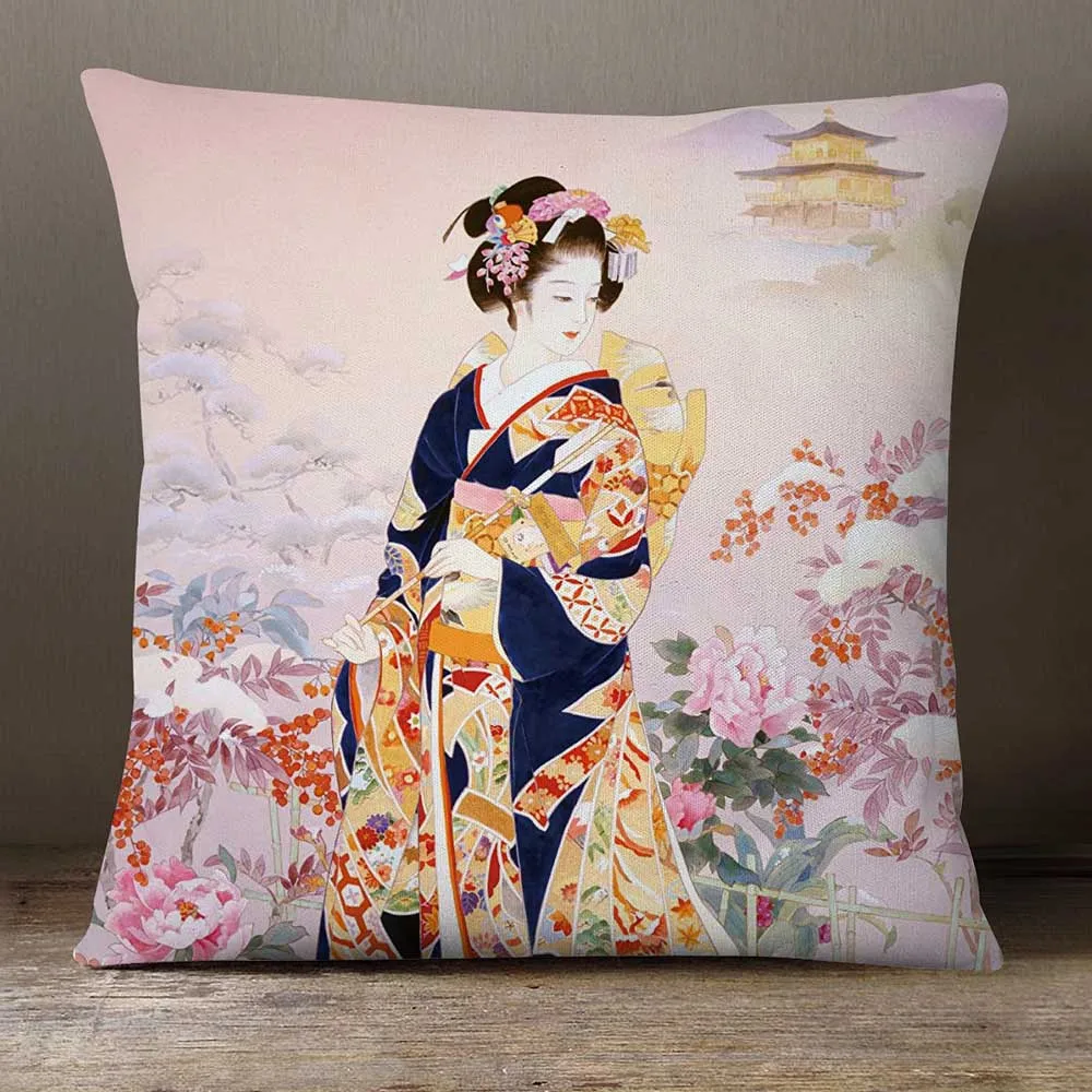 Vintage Japanese Geisha Throw Pillow Cover Ukiyo‑e Kimono Lady Sakura Floral Art Cushion Case Decorative Pillowcase For Sofa Bed