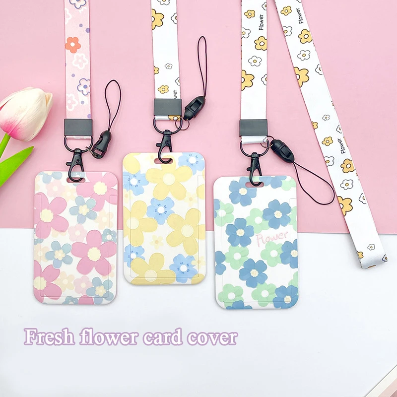 Student ID Badge Card Cover with Neck Strap Bag Colored Flowers Women Girl Credit Card ID Bus Card Holder Bags with Lanyard