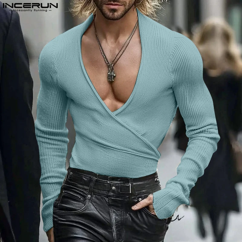 INCERUN Solid Color Long Sleeve Tops American Fashion Cross-Over Collar Texture T-shirts Men Well Fitting Sexy Knitted Camiseta image 2