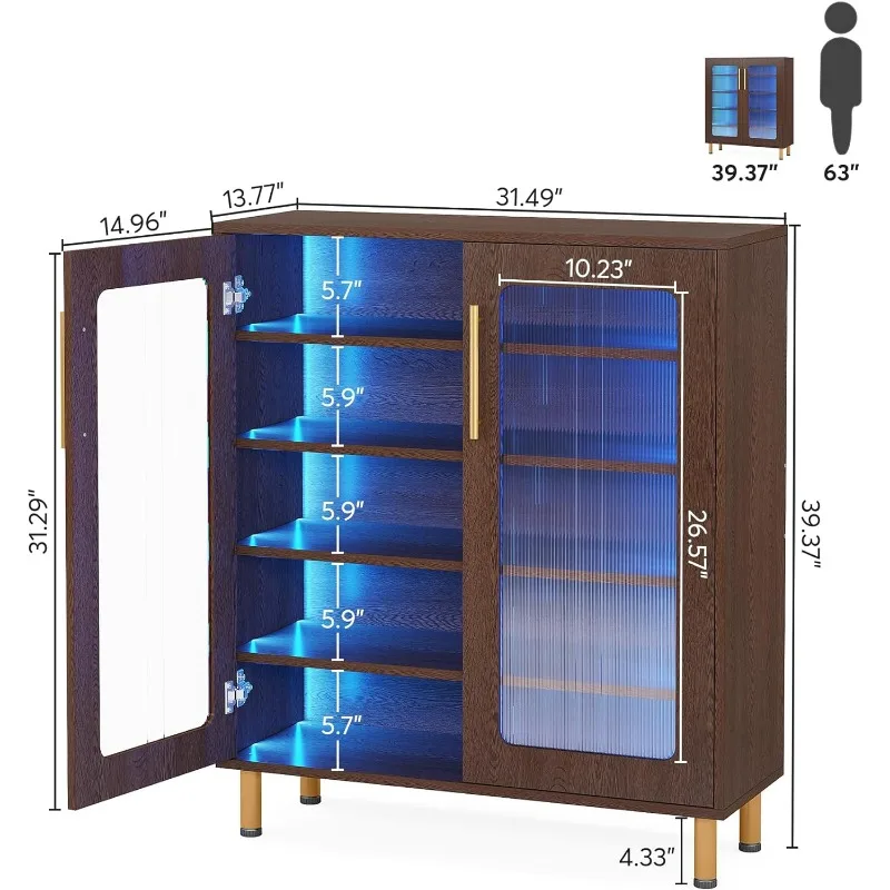 Shoe Cabinet with Acrylic Doors and LED Light, 24 Pairs Entryway Shoe Organizer Storage Rack with 5-Tier Adjustable Shelves