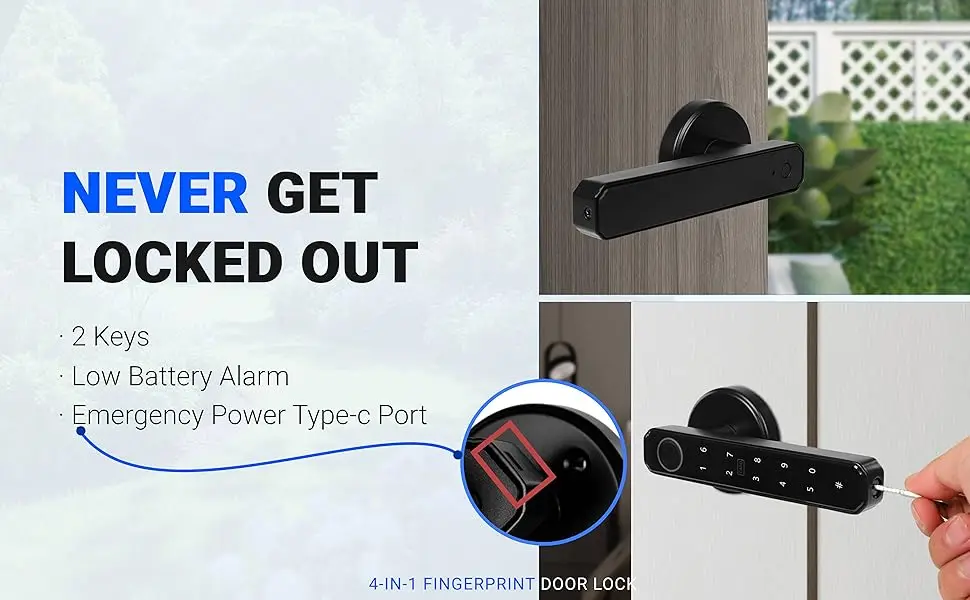 Text reads 'NEVER GET LOCKED OUT'. Product demonstration showing electronic lock features including low battery alert and emergency power type-C port.