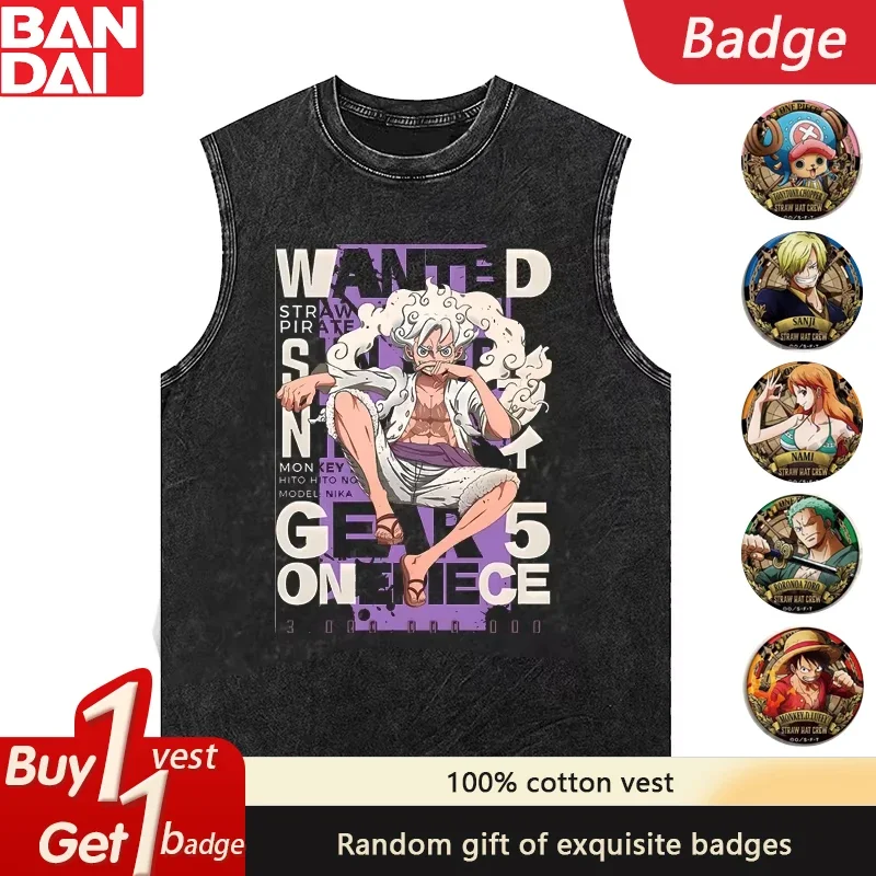

2025 Latest ONE PIECE Animation Pure Cotton Washed Vest Fashion Breathable Casual Trend Summer Heavy Men's Retro Vest