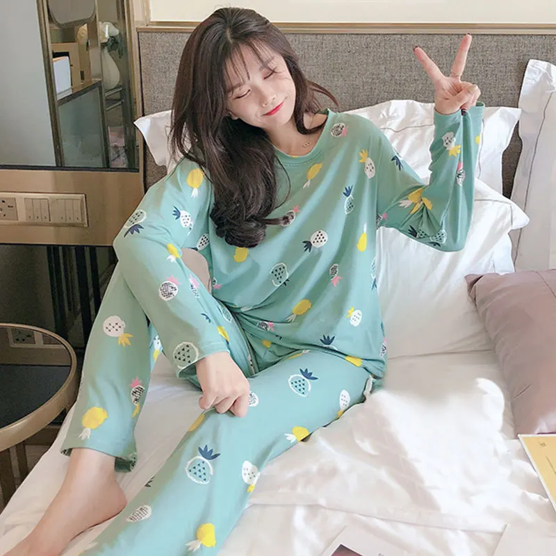 Women\'s Pajamas New Homewear Spring and Autumn Set of Female Thin Cartoon Girl Round Neck Long-Sleeved Trousers Homewear Suit