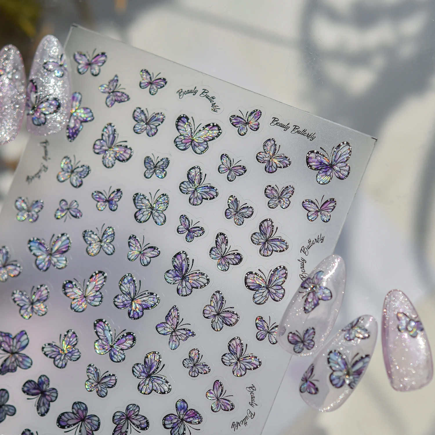 Holographische Laser 5D Nagelaufkleber Farbverlauf Schmetterling Weich Blau Rosa Lila Wald Schillernde Fee Nagel-Maniküre-Aufkleber