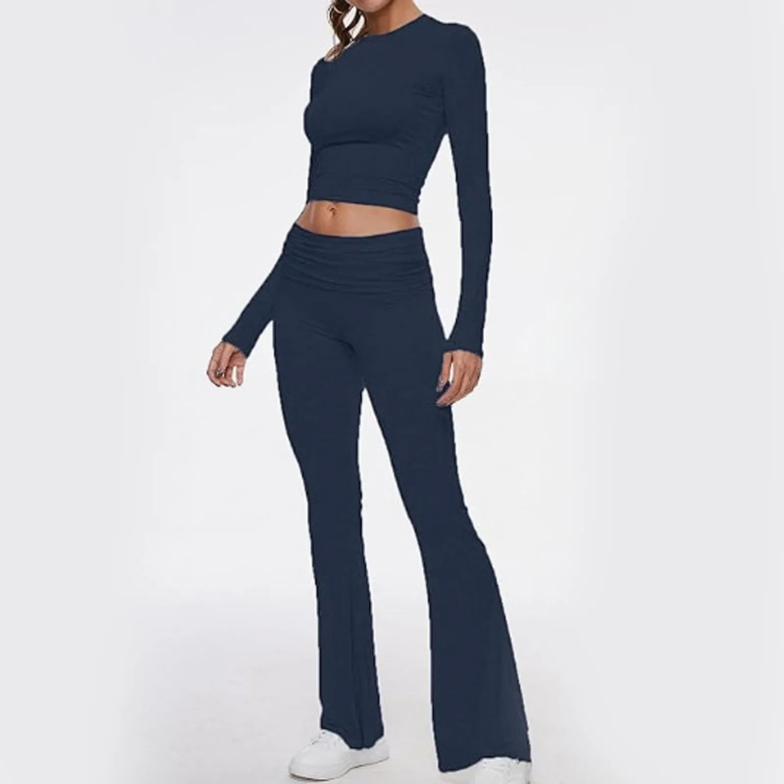 Women Crop Tops Long Pants Two Piece Sets Flare Pants Long Sleeve Cropped Tops Casual Outfits Pajamas Streetwear Spring Autumn