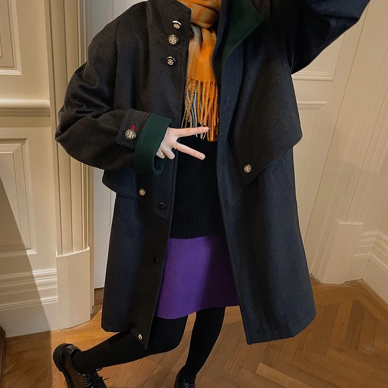 

VIMAS Vintage 00% Woolen Coat Retro Sle Long Sve round Ne Pure Color Commute Friendly Women's Faion Outerwear