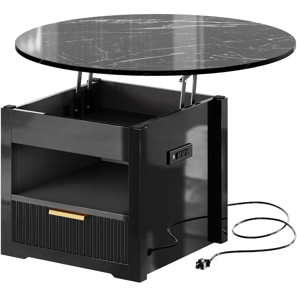 

Modern Black Glossy LED Lift Top Coffee Table - Round Fluted Table with Storage, Drawer & Power Outlet for Living Room/Bedroom