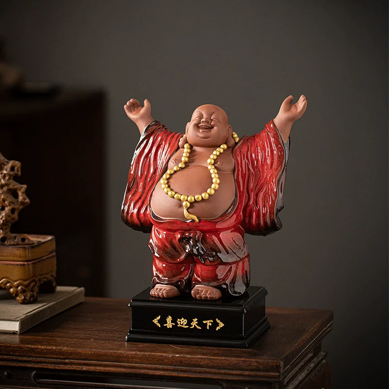 

Zen Style Chinese Ceramic Buddha Statue， Large Laughing Buddha Figurine for Entryway Living Room， Happy Maitreya Feng Shui Home